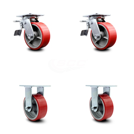 Service Caster 5 Inch Red Poly on Cast Iron Caster Set with Roller Bearings 2 Brakes 2 Rigid SCC-TTL30S520-PUR-RS-2-R-2